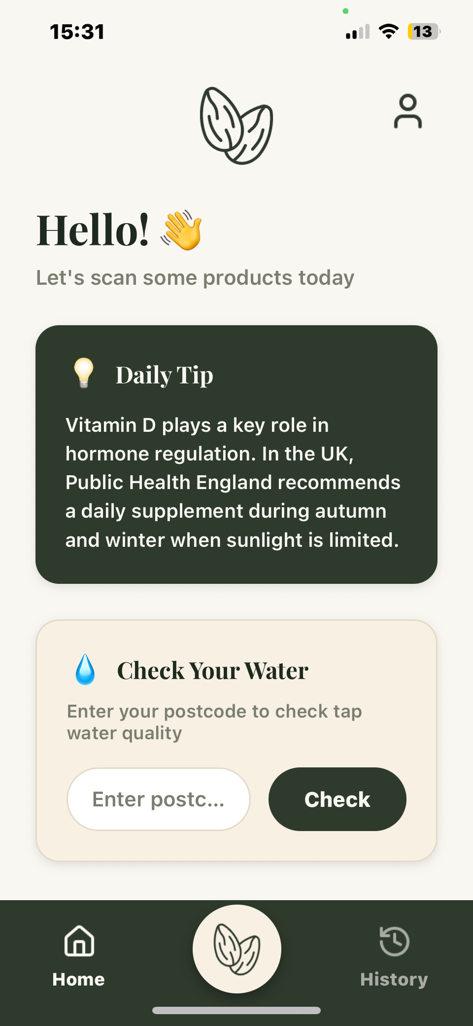 Almondly home screen with a daily hormone-health tip