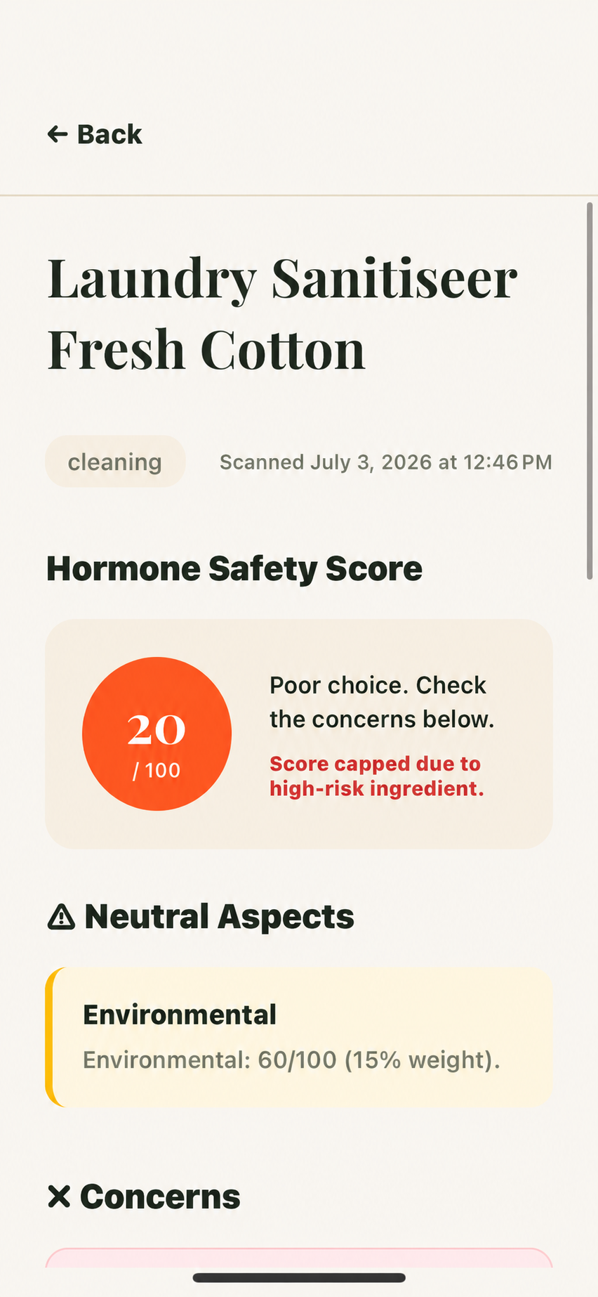 Cleaning product Hormone Safety Score of 20 out of 100