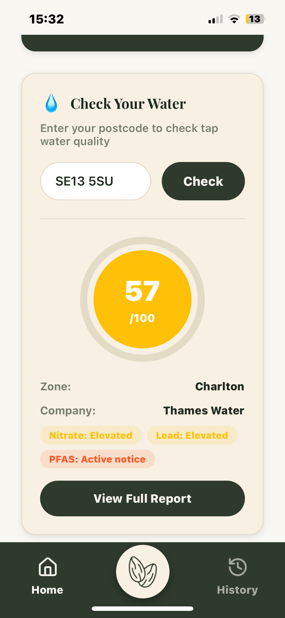 Tap water quality score of 57 out of 100